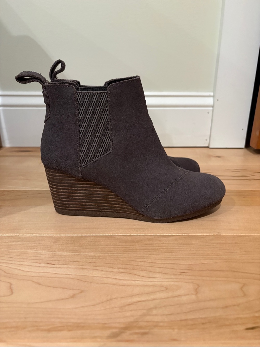 Toms Charcoal Suede Wedge Ankle Booties